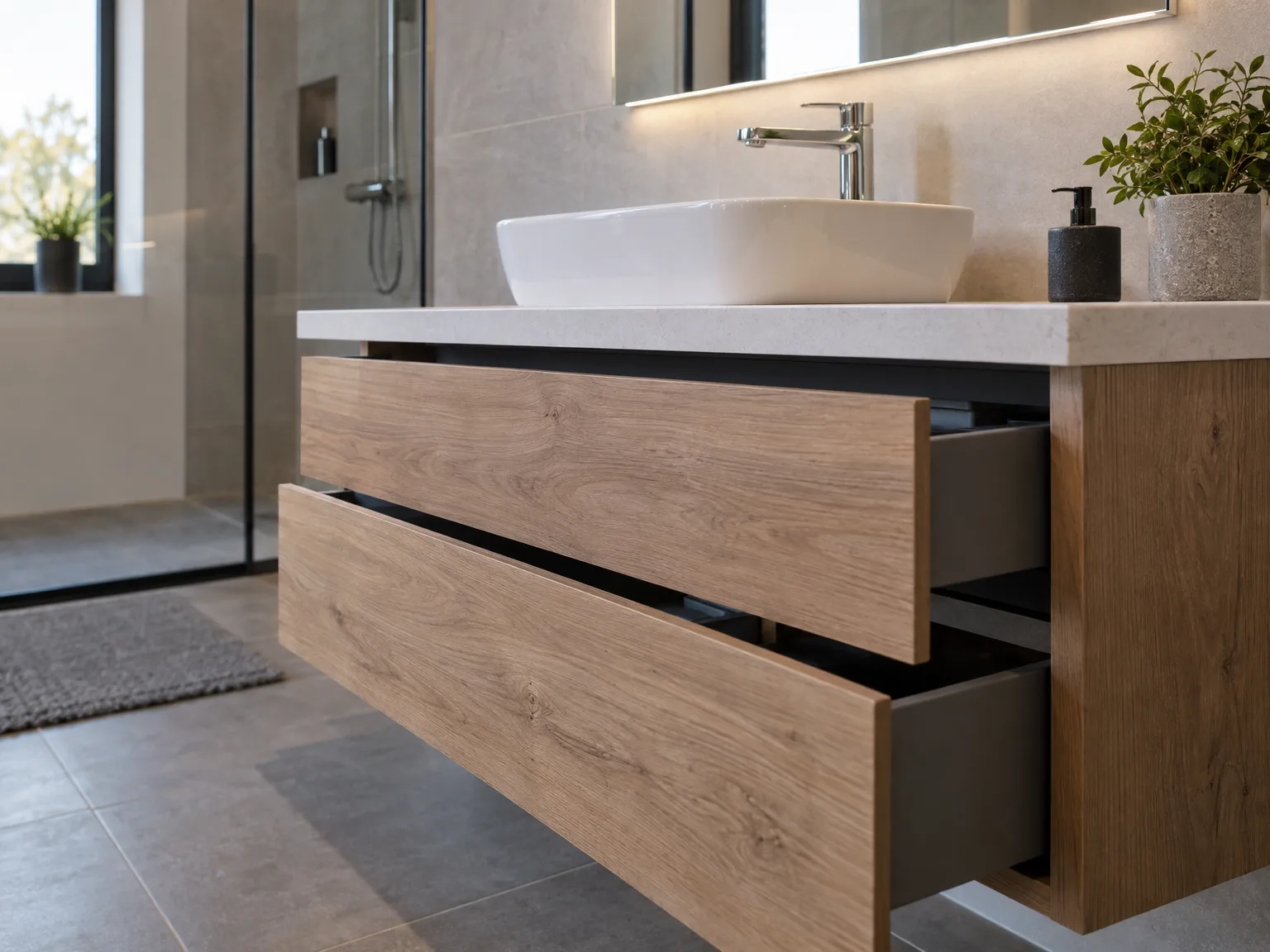 Badkamermeubel op maat met houten laden en witte wastafel in stijlvolle badkamer