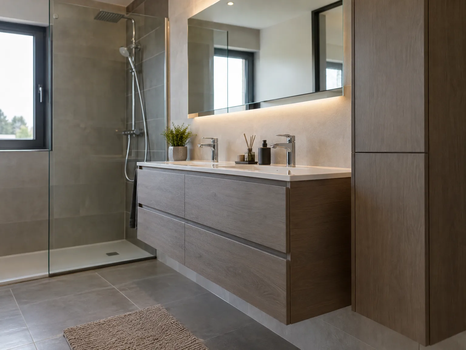 Moderne badkamer met maatwerk wastafelmeubel in donker hout, dubbele wastafels, verlicht spiegel en tegelwerk