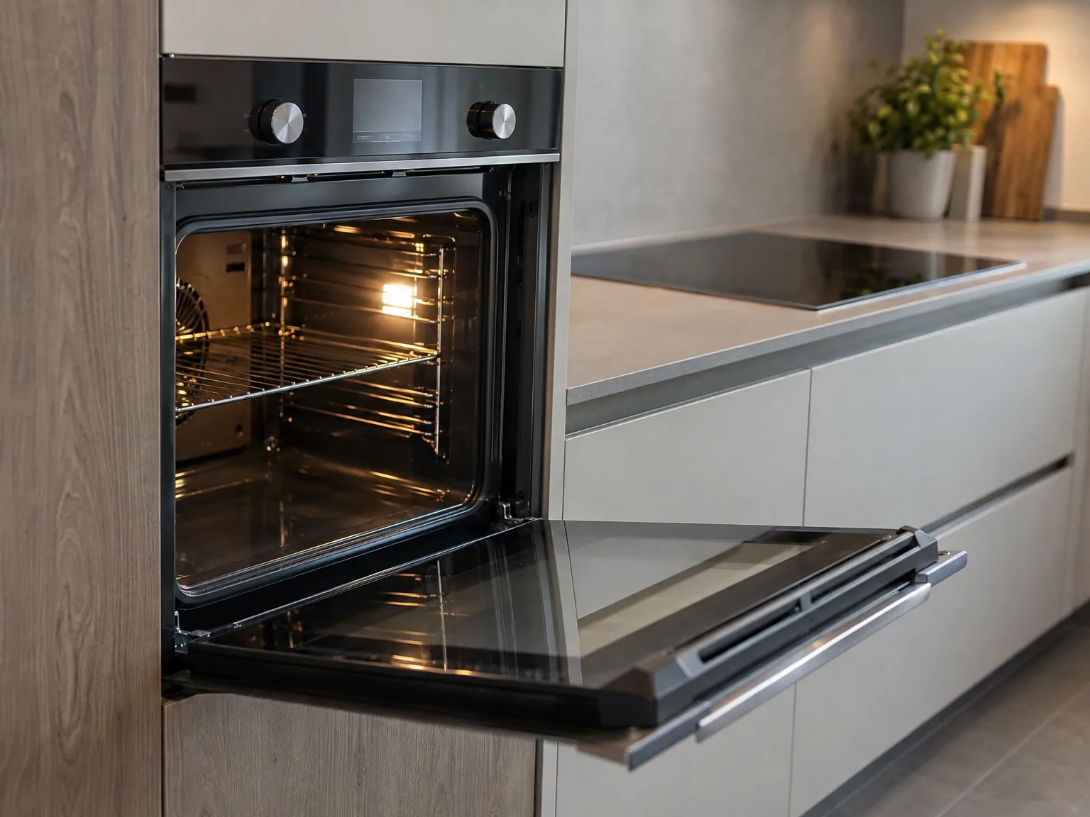Inbouwoven met open deur in moderne keuken met werkblad en inductieplaat