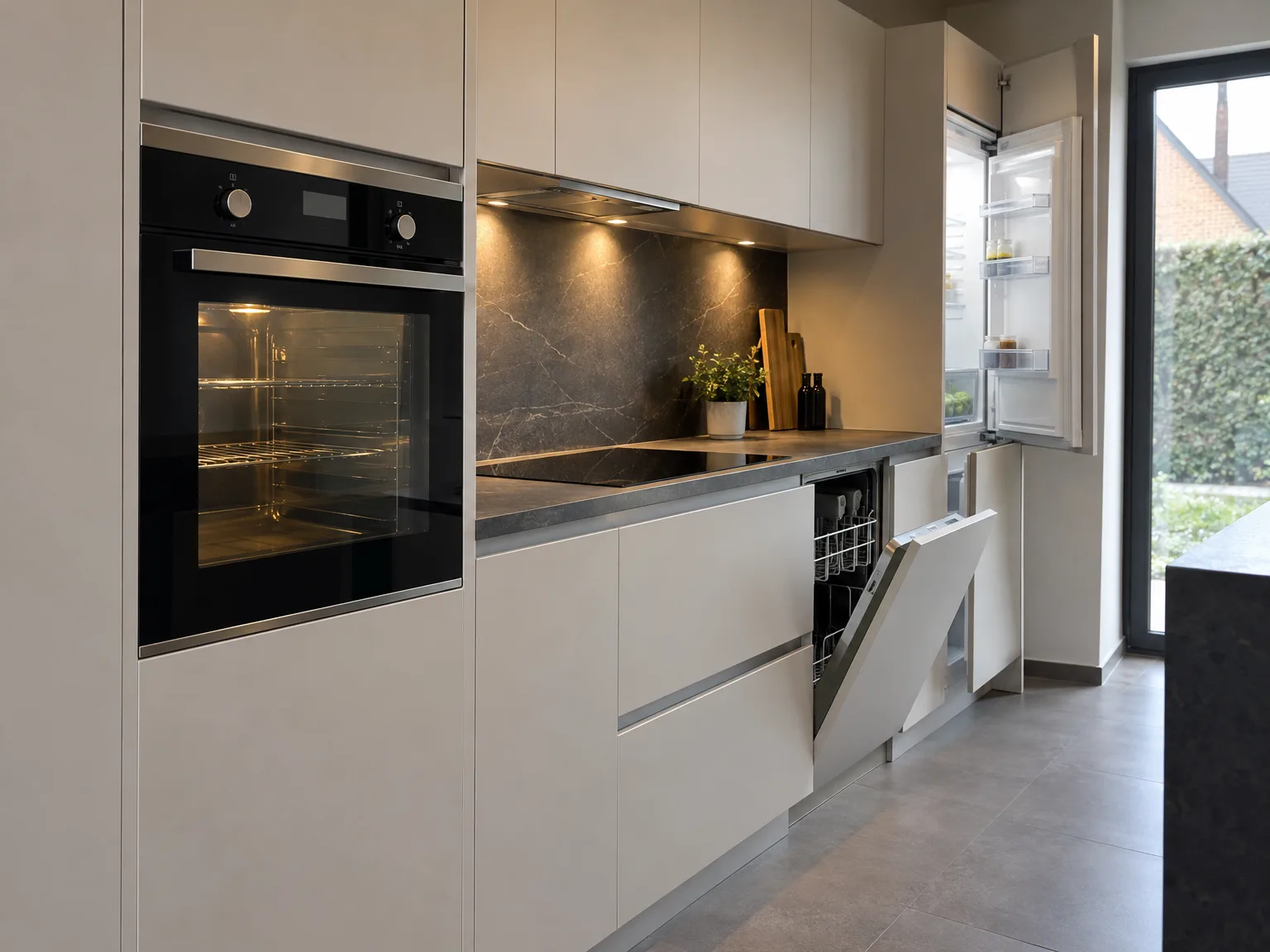 Professioneel geplaatste keuken met witte fronten, zwart werkblad en inbouwapparatuur