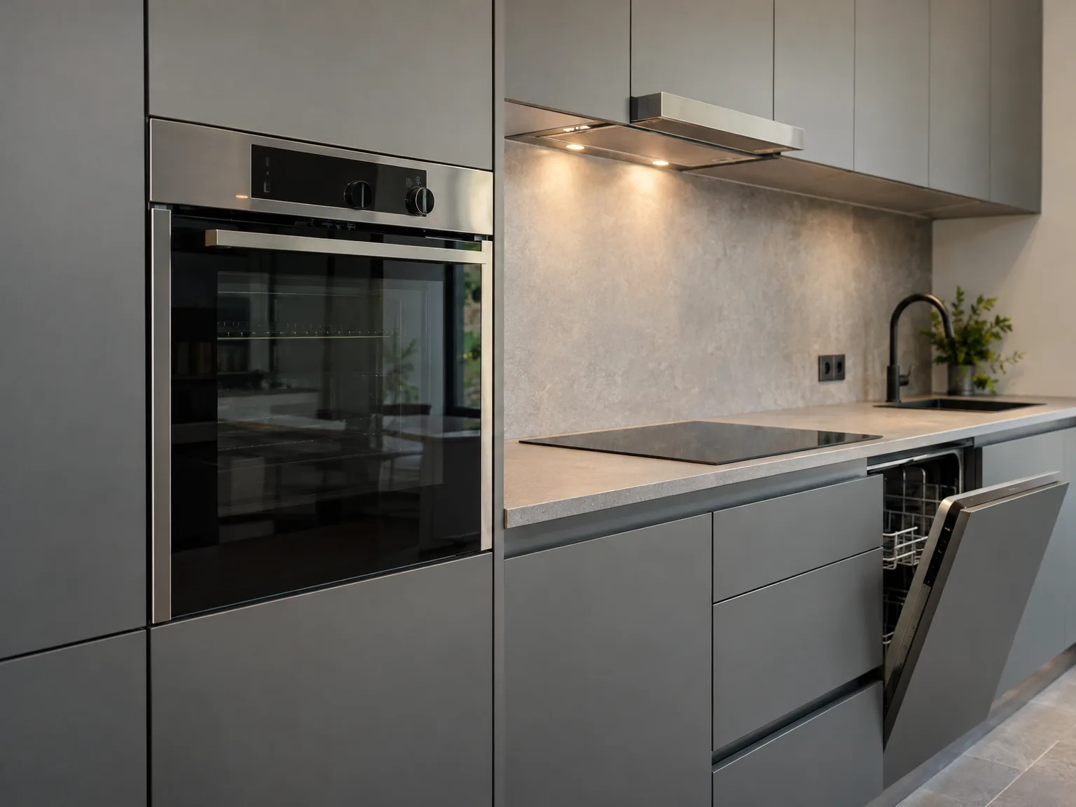 Moderne keuken met grijze fronten, ingebouwde oven en vaatwasser, helder werkblad