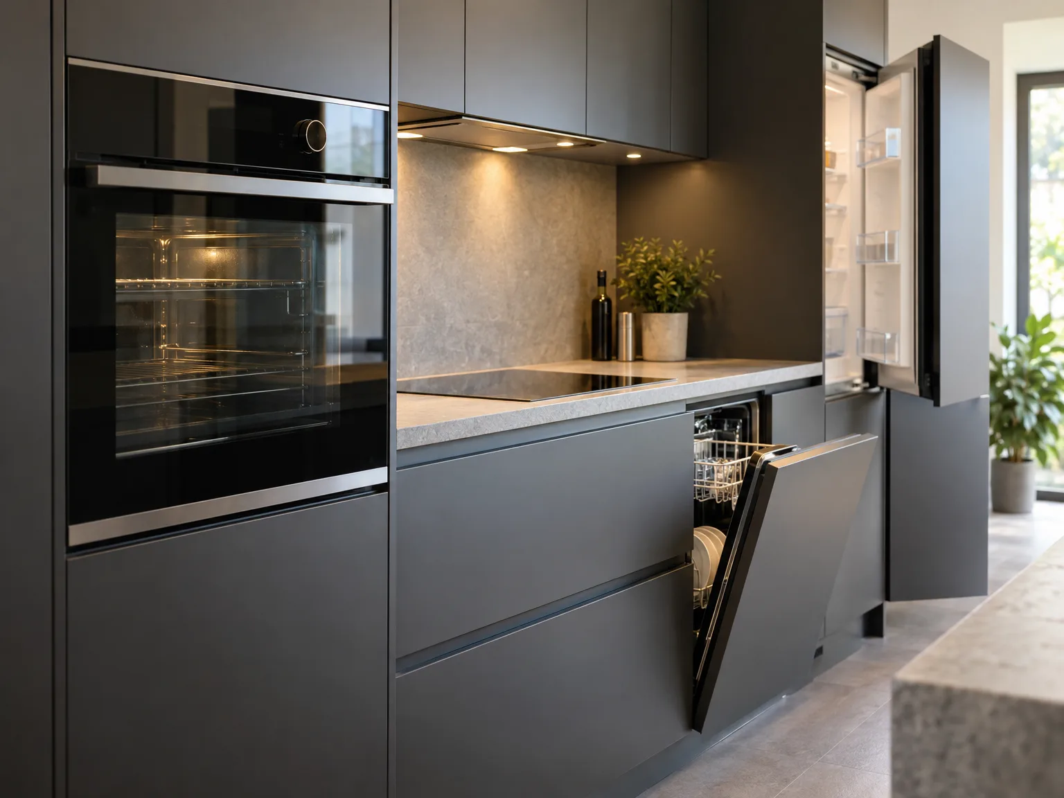 Moderne keuken met zwarte fronten, ingebouwde oven, inductiekookplaat, vaatwasser en grijze backsplash