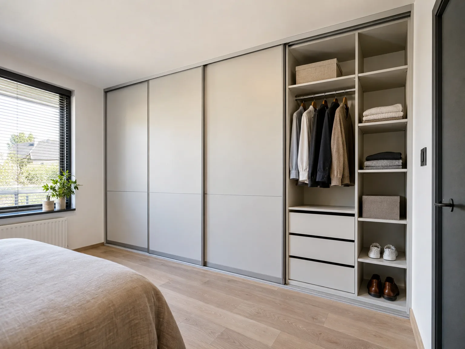Inbouwkast met witte schuifdeuren, open sectie met kleding op hangers en opbergschappen