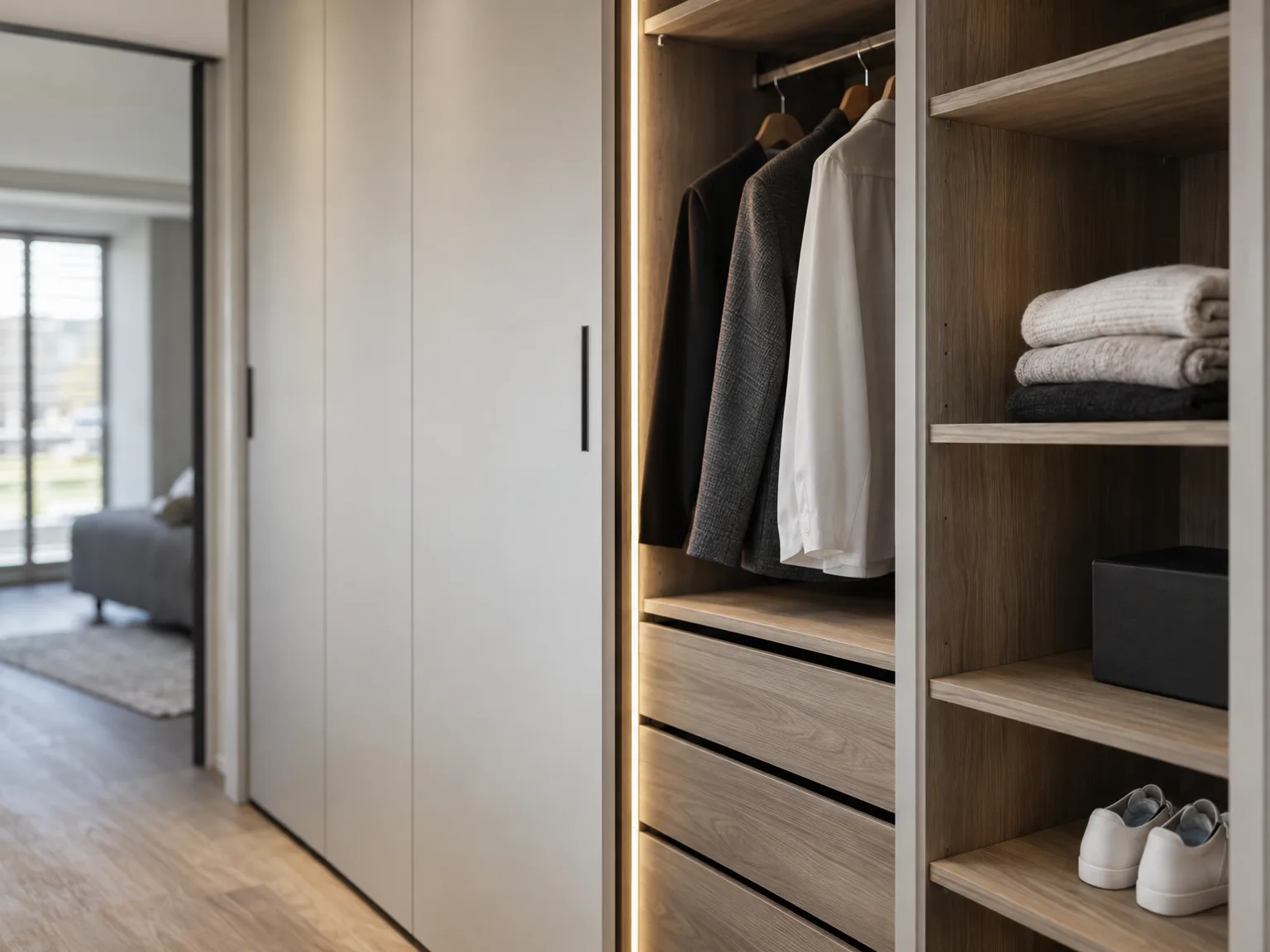 Inbouwkasten met houten fronten en schuifdeuren, kleding en handdoeken ordelijk opbergen