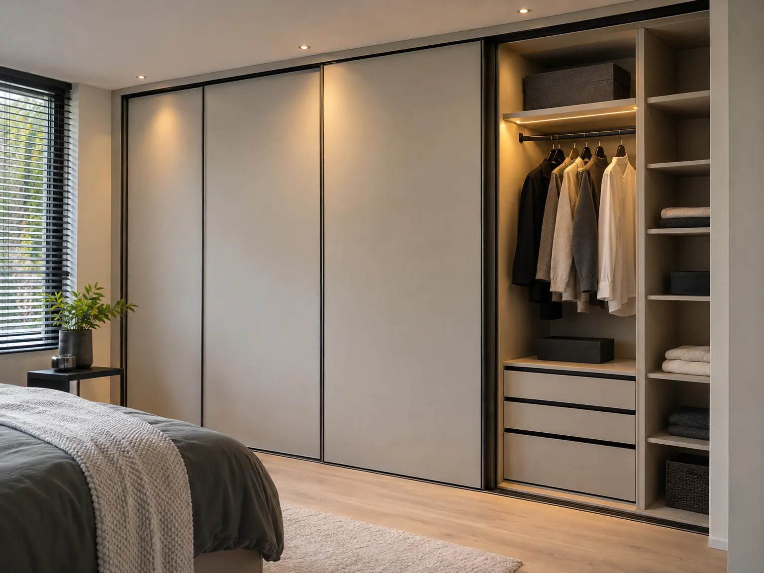 Inbouwkast met zwart frame en moderne schuifdeuren met LED-verlichting