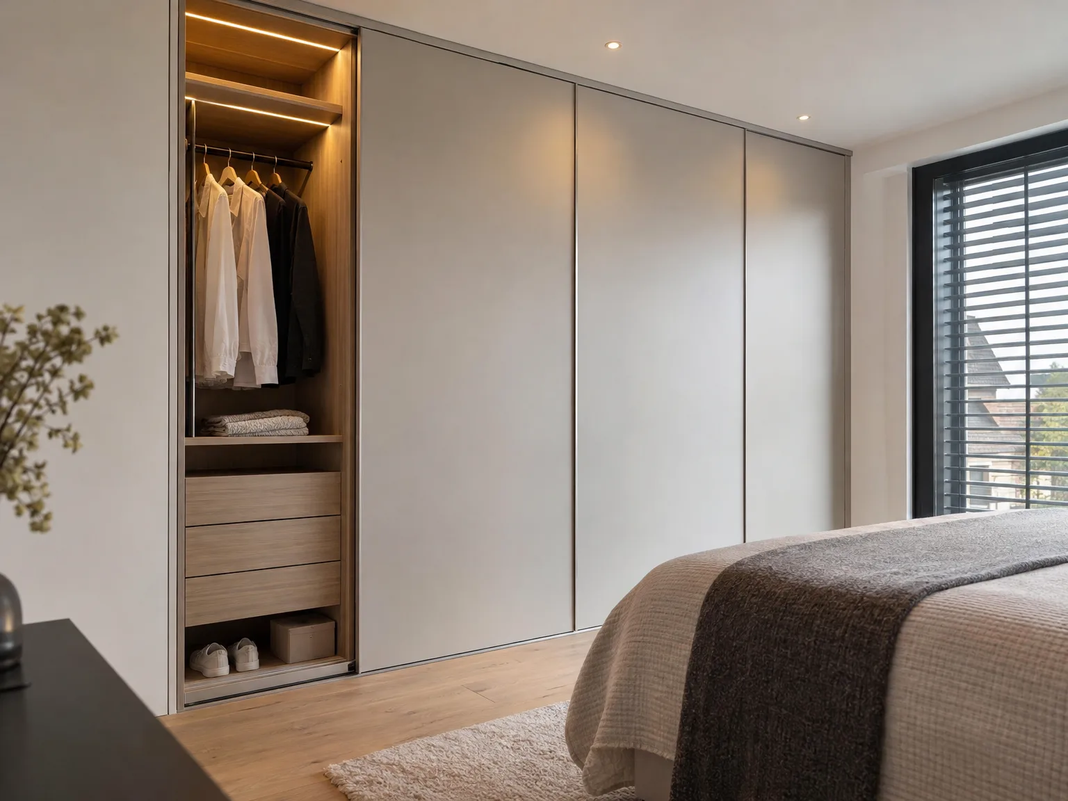 Moderne inbouwkast in slaapkamer met LED-verlichting, kledingroede en opbergvakken