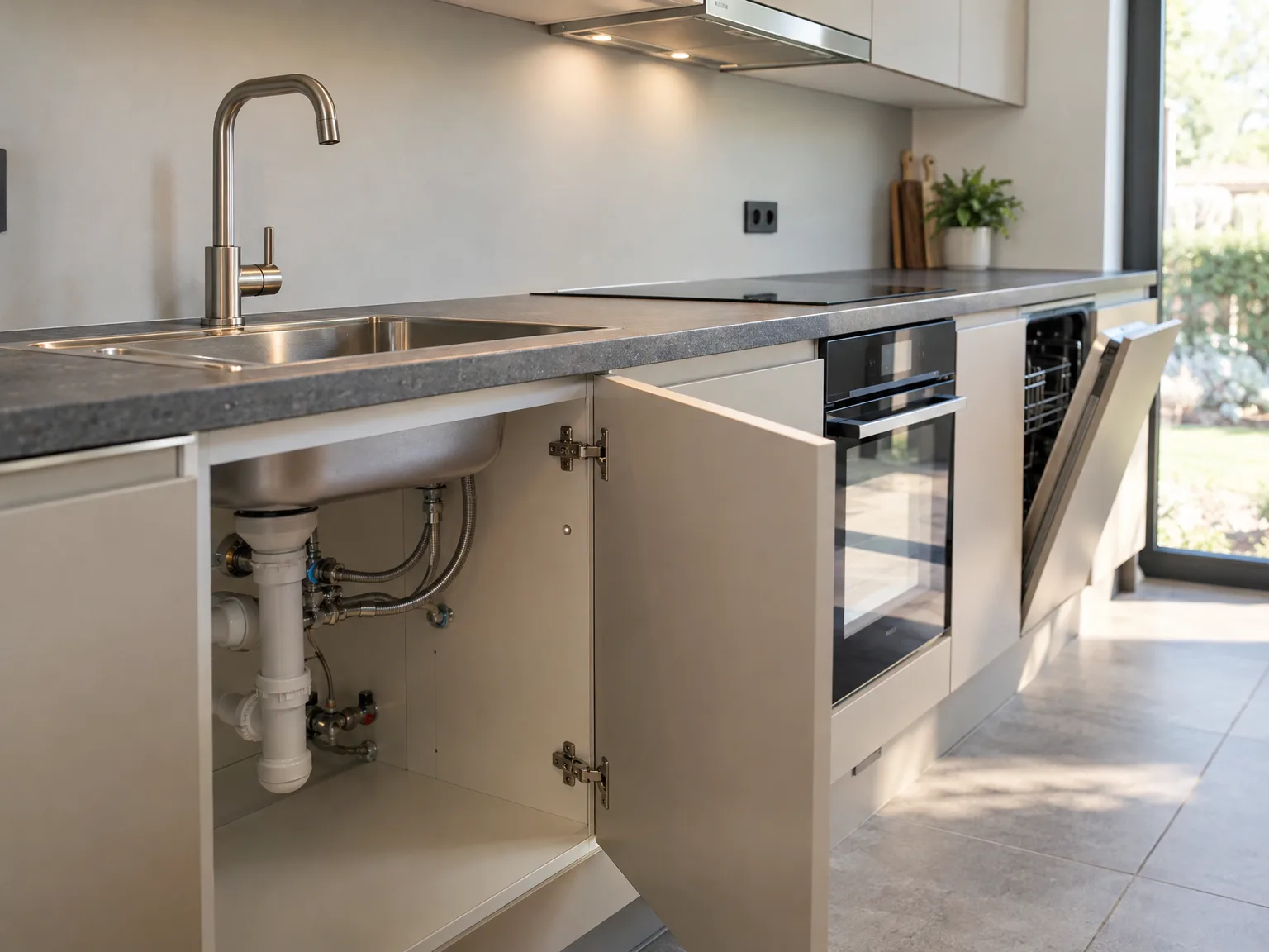 Keukenmontage: gootsteen met kraan, donker werkblad en zichtbare waterinstallatie