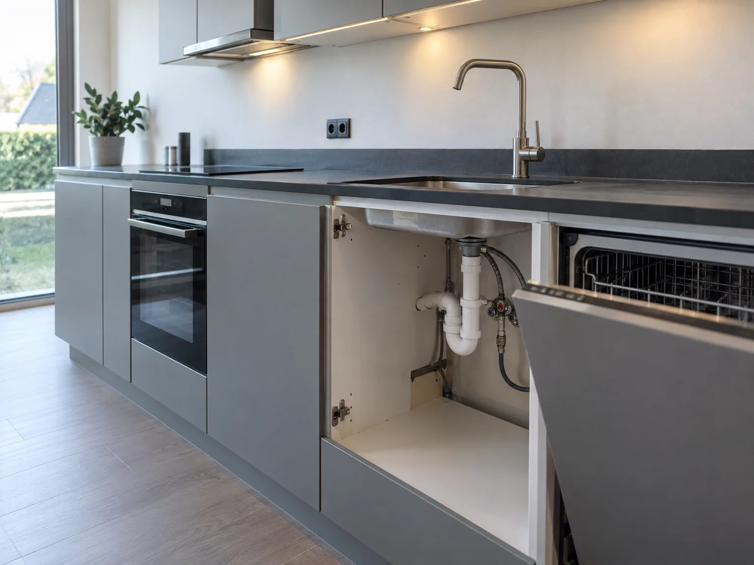 Installatie van waterleiding onder het aanrechtwerk bij keukenmontage in moderne grijze keuken met zwart werkblad