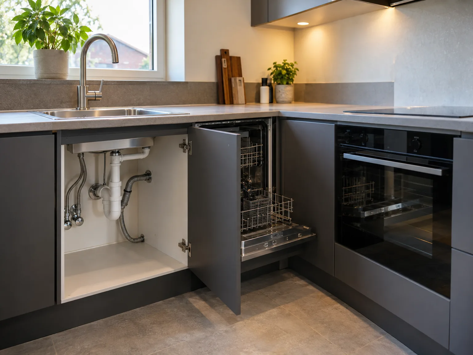 Moderne keuken met zwarte fronten, roestvrijstalen gootsteen en geïntegreerde vaatwasser en oven