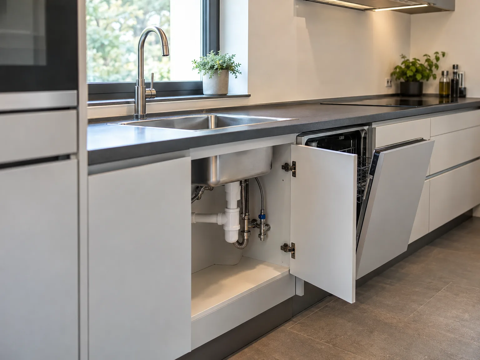 Keukenmontage met roestvrijstalen gootsteen, mengkraan en zichtbare water- en afvoerleiding onder werkblad