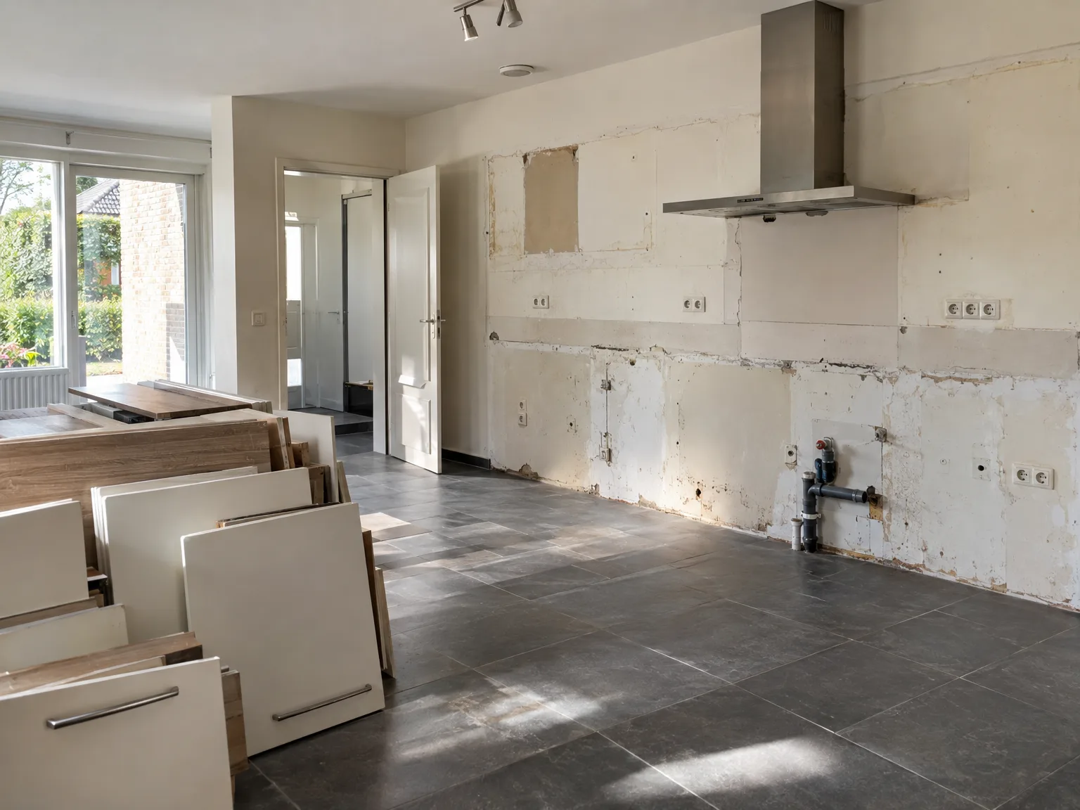 Keukenrenovatie: keuken in demontagefase met lege kastjes en vervuilde muren