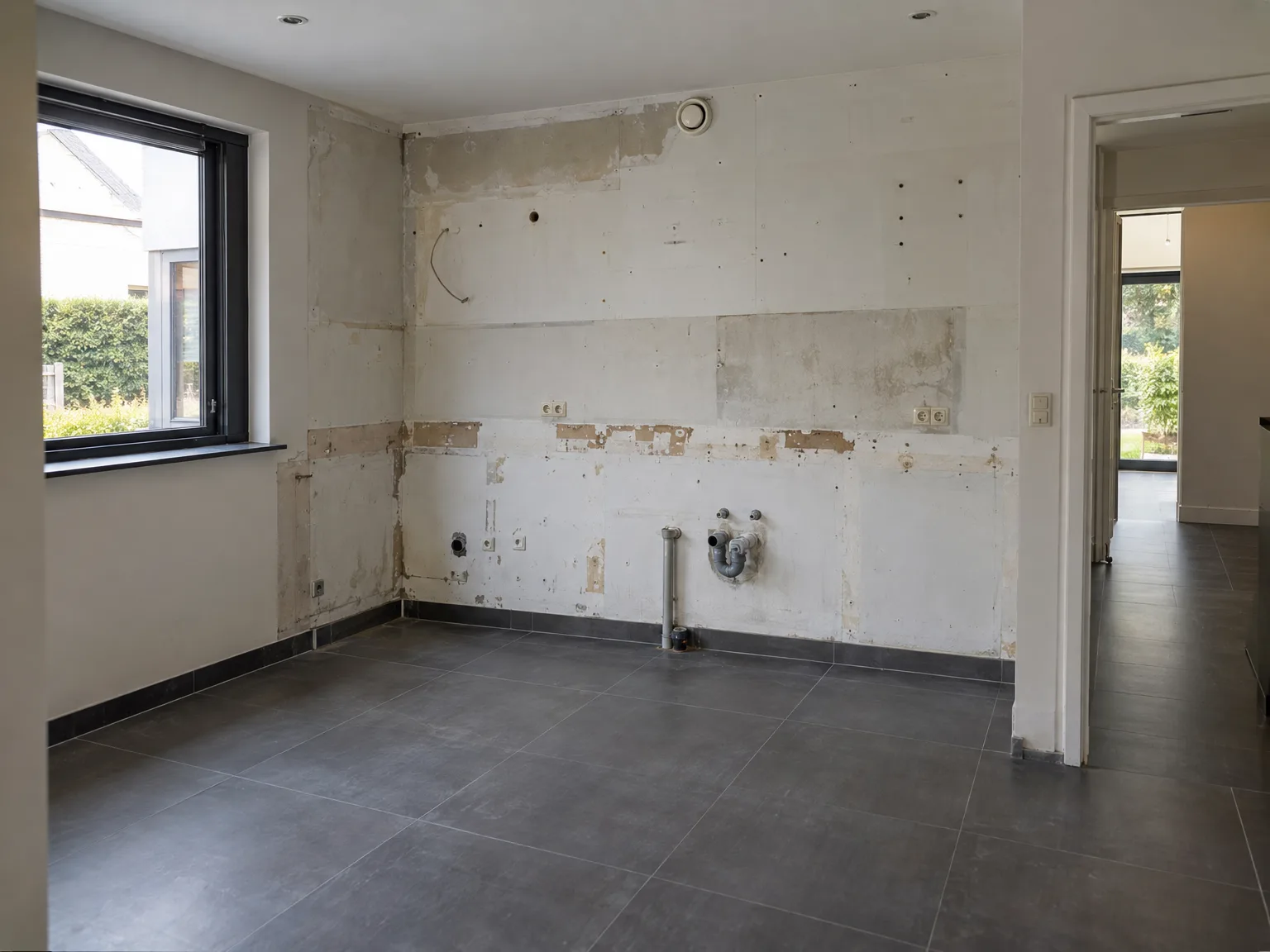 Keukenwand voorbereiding voor renovatie met tegelvloer en elektrische installatiepunten