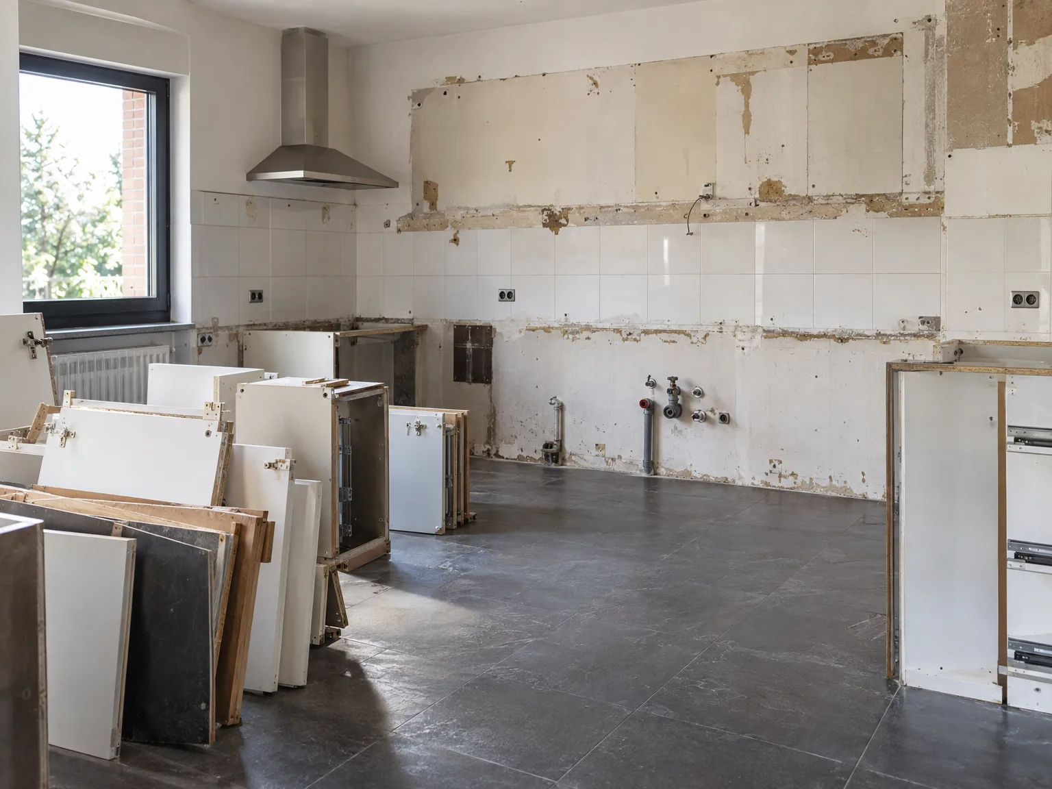 Oude keuken in renovatie met demonteerde kasten, afgebroken tegels en werkmateriaal op de grond