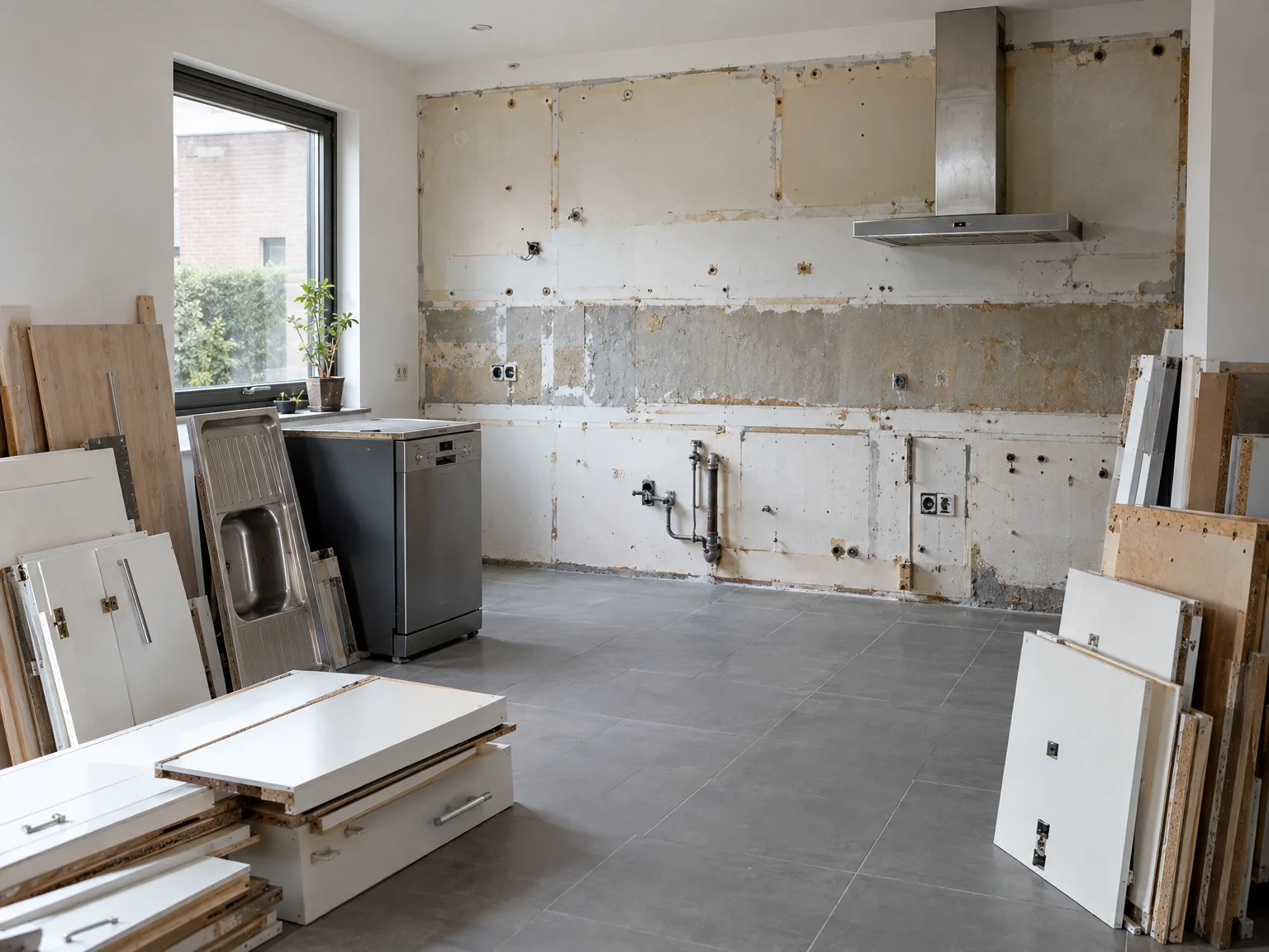 Keukenfronten en materialen in voorbereiding voor keukenmontage met voorbereid muurwerk