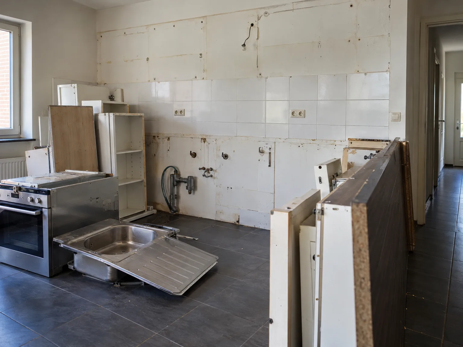 Keukenrenovatie in uitvoering: oude keuken wordt afgebroken, werkblad en leidingen voorbereid voor nieuwe installatie
