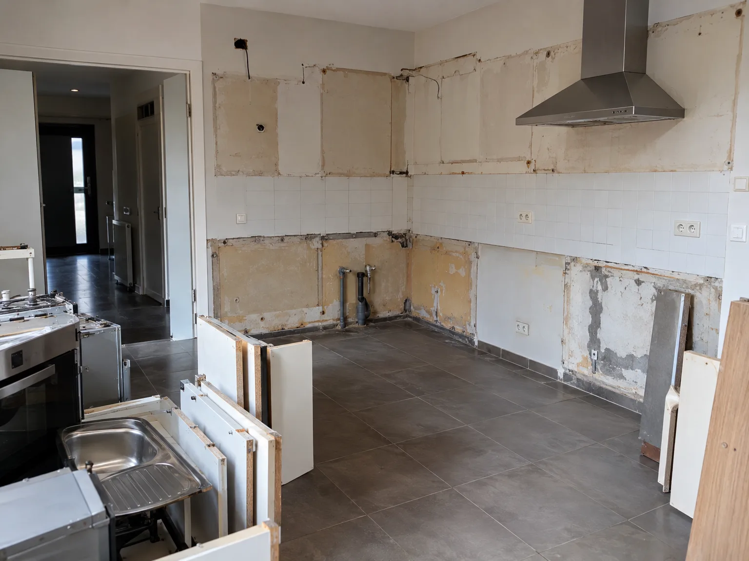 Ontmanteling oude keuken: verwijderde kasten en tegels, nieuwe tegelvloer, voorbereiding renovatie