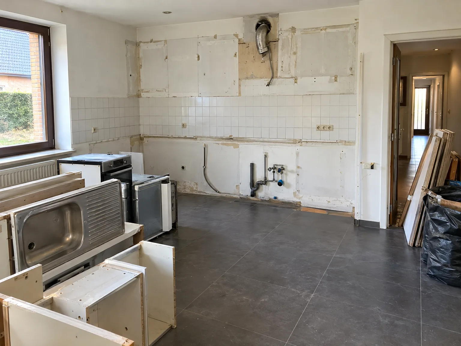 Keuken in renovatie met demontage oude kastjes en montage nieuwe inbouwapparatuur