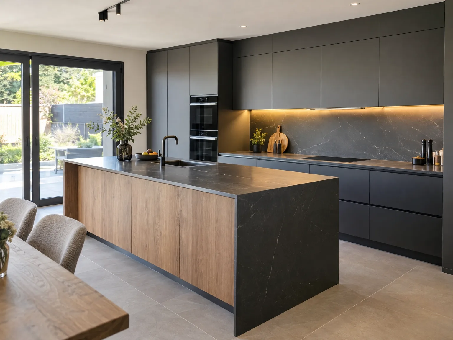 Moderne keukenmontage met grijze fronten, houten eiland en marmeren werkblad in open keuken