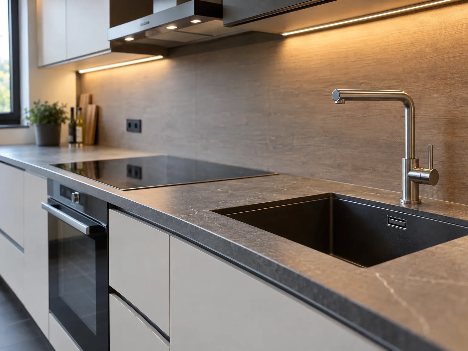 Moderne keuken met grijs werkblad, zwarte inbouwgootsteen en LED-verlichting onder kastjes