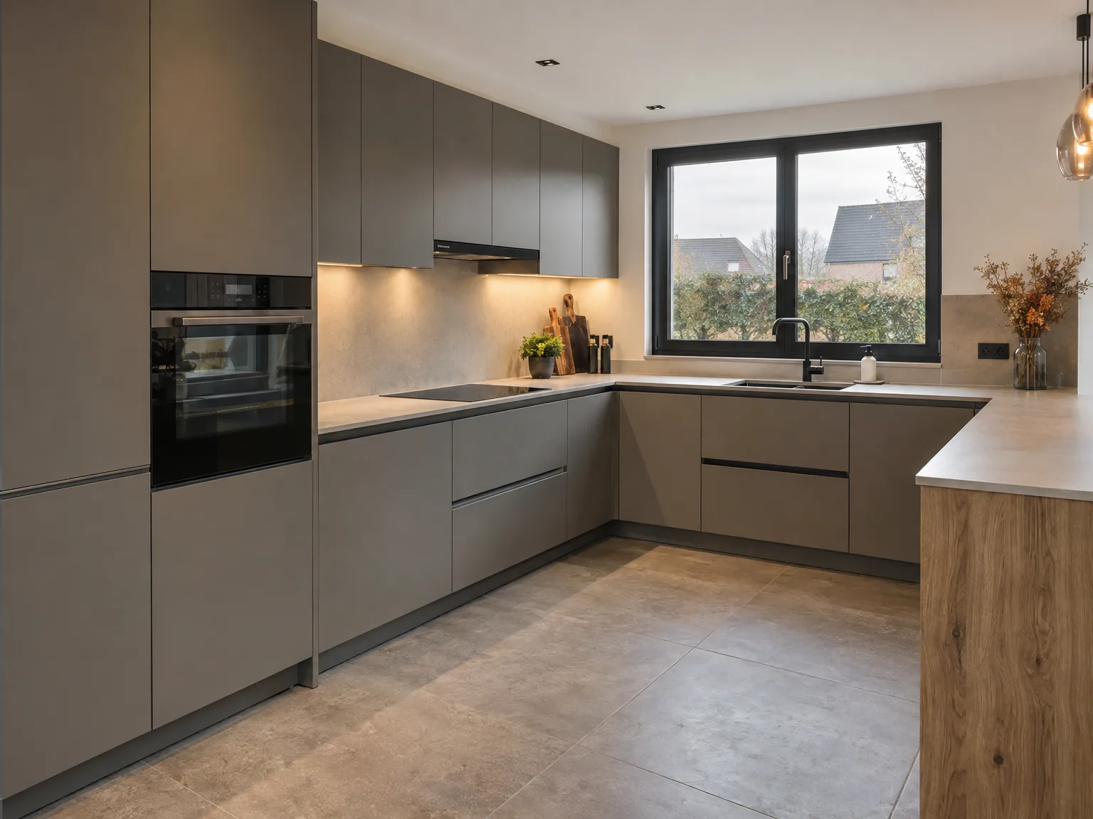 Professioneel gemonteerde moderne keuken met grijze fronten, wit werkblad en volledig ingebouwde apparatuur
