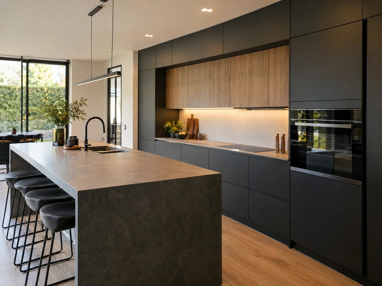 Czarna greeploze keukeneiland met houten werkblad en zitplaatsen in moderne keuken