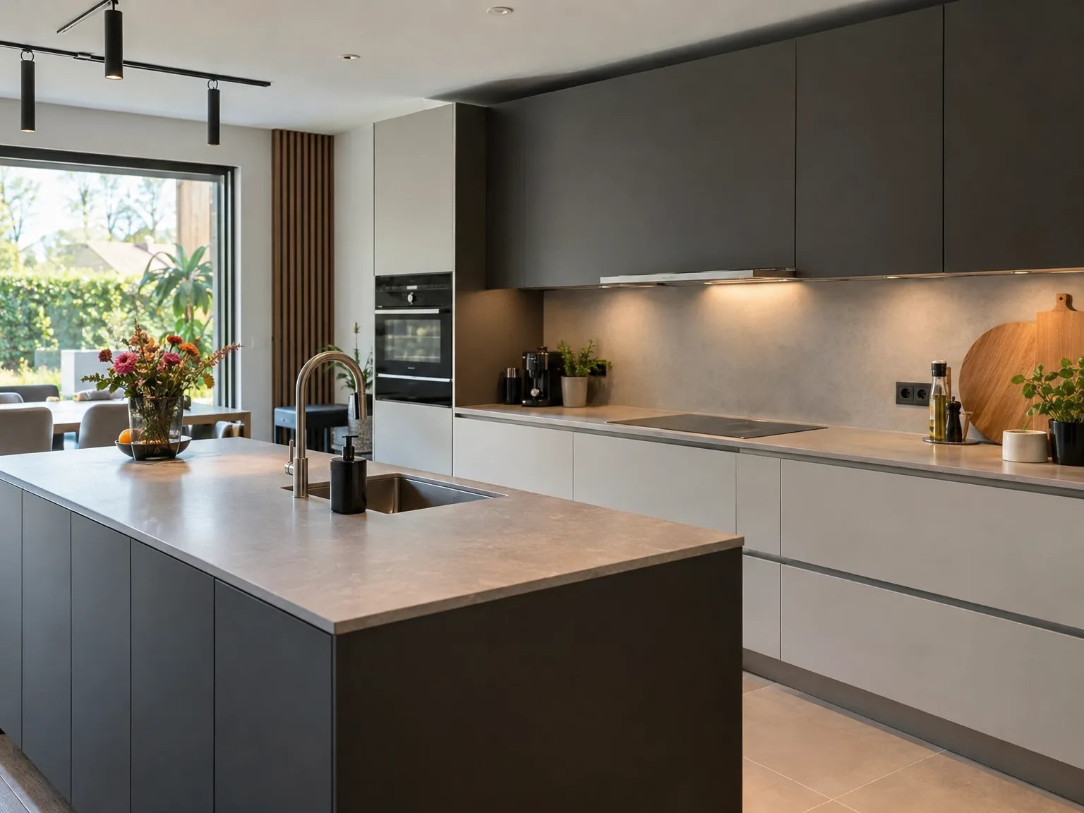 Moderne keukenplaatsing met wit-zwarte kasten, beige werkblad, eiland en ingebouwde toestellen