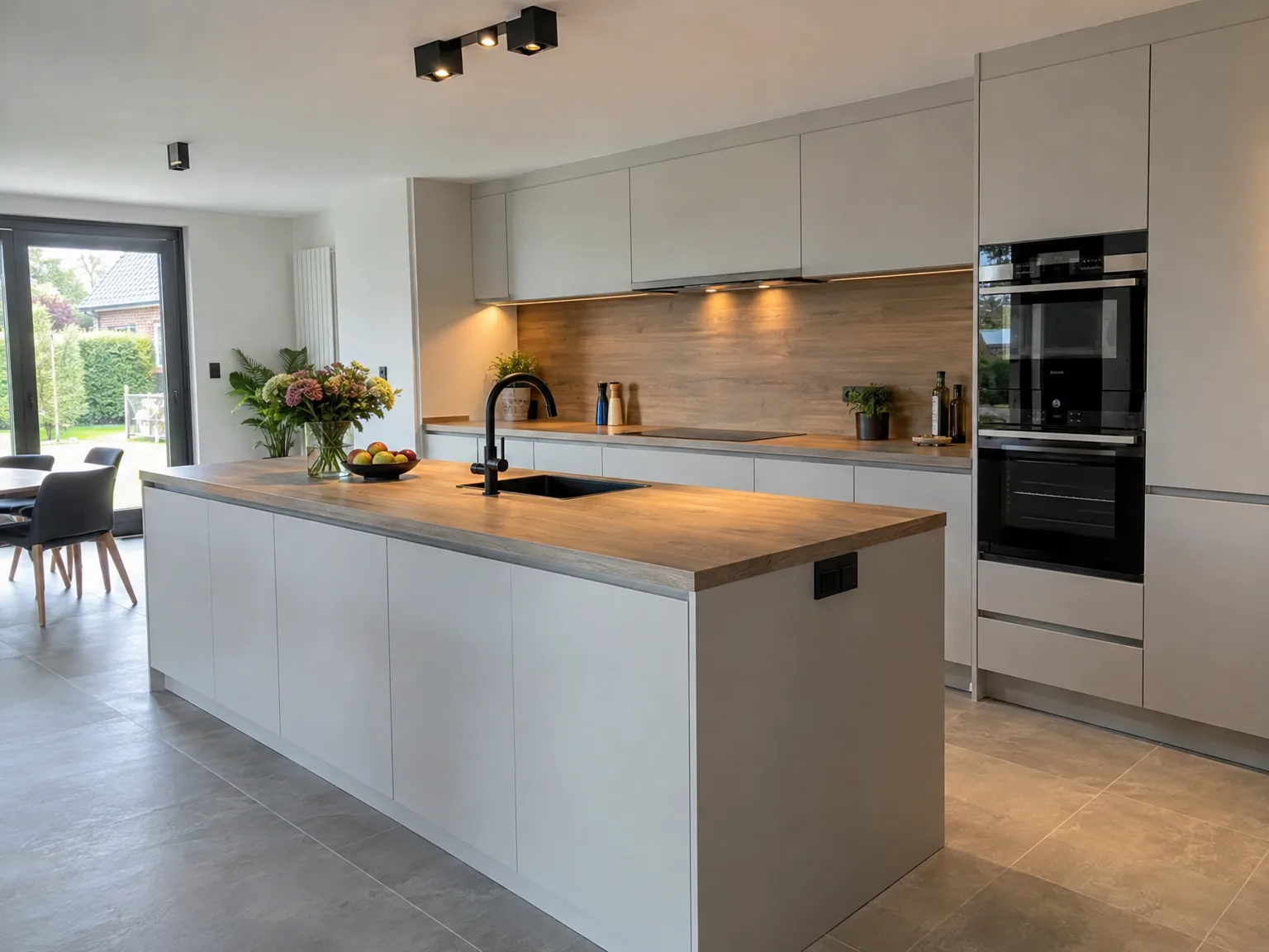 Professioneel geplaatste moderne keuken met witte fronten, houten werkblad en ingebouwde zwarte apparaten