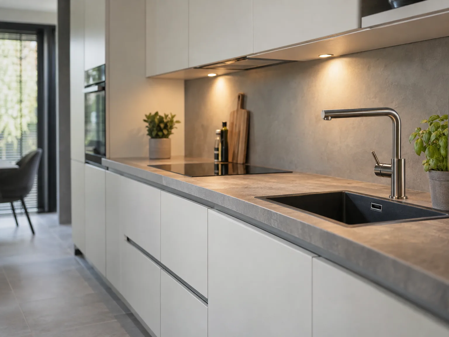 Moderne witte keuken met werkblad en spoelbak, professioneel geplaatst