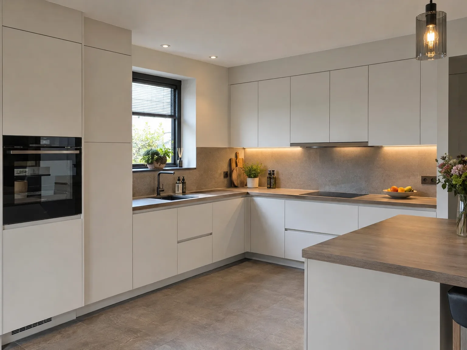 Moderne keukenmontage: witte keuken, grijze werkblad, zwart inbouwapparaat, houten eiland