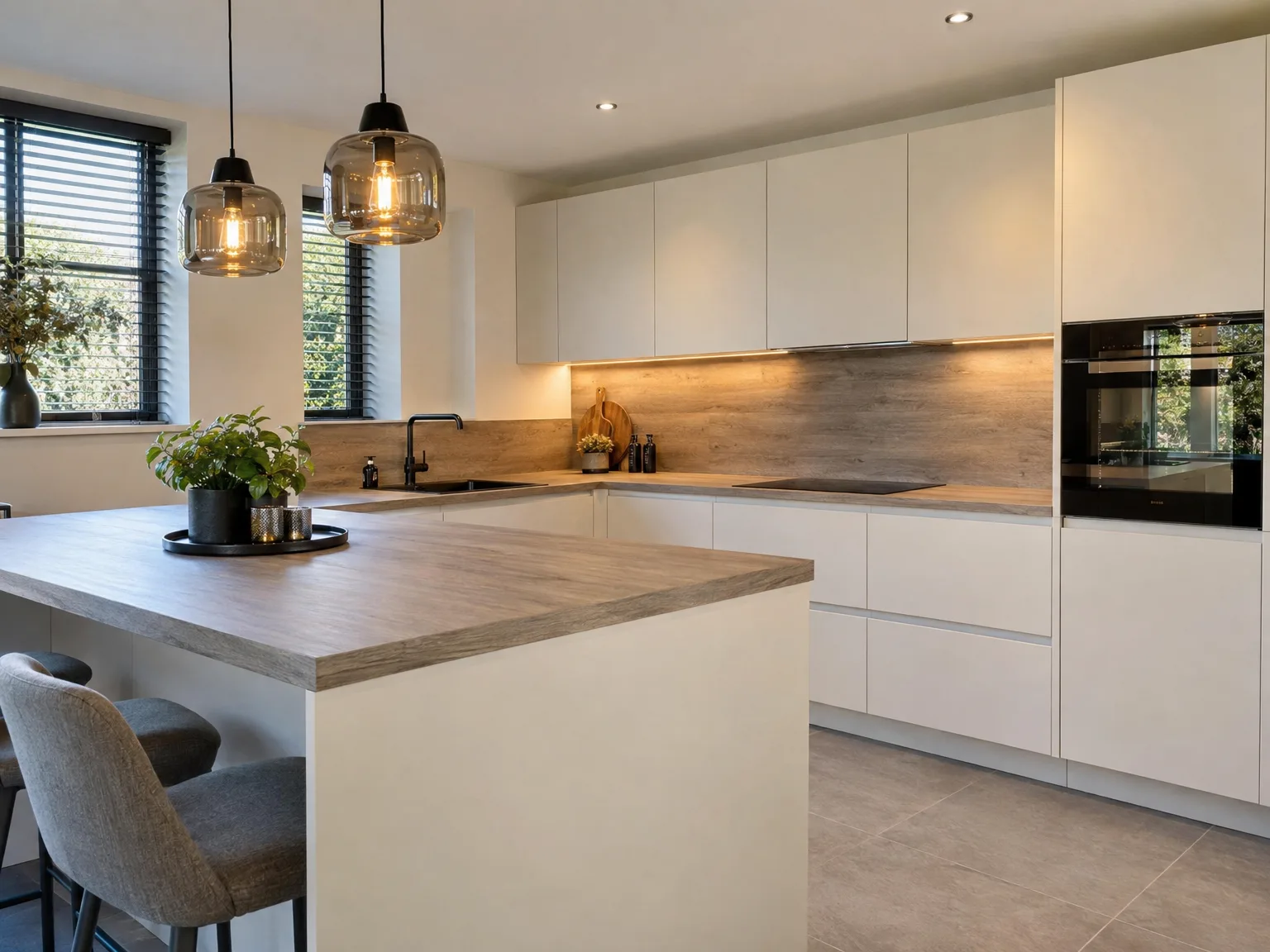 Moderne witte keuken met houten werkblad, eiland en inbouwapparatuur professioneel geplaatst