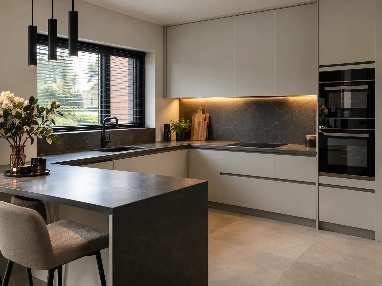 Moderne greeploze keuken met lichte kasten, donker werkblad en ingebouwde apparaten