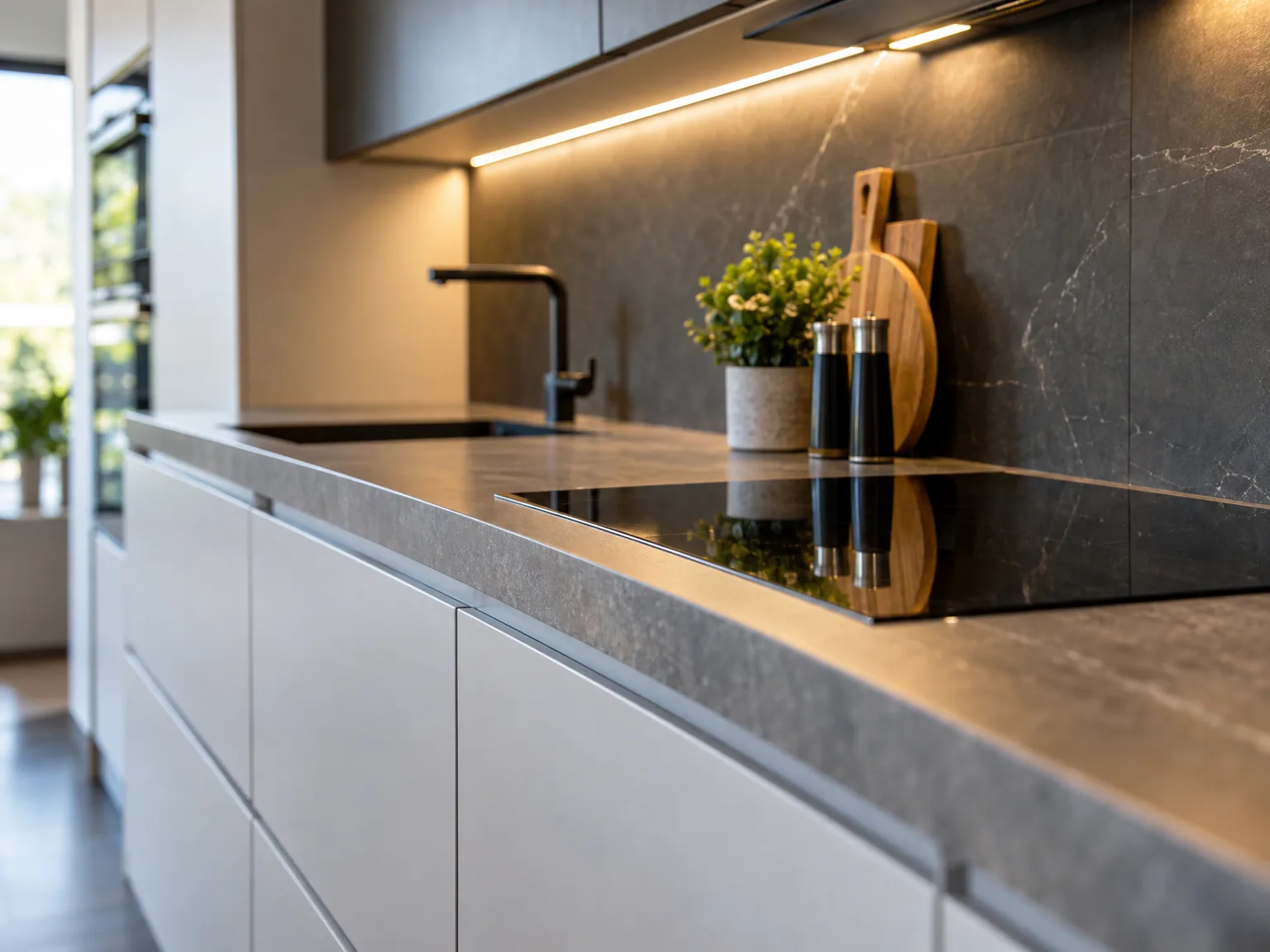 Zwart marmeren werkblad in moderne keuken met witte fronten en LED-verlichting