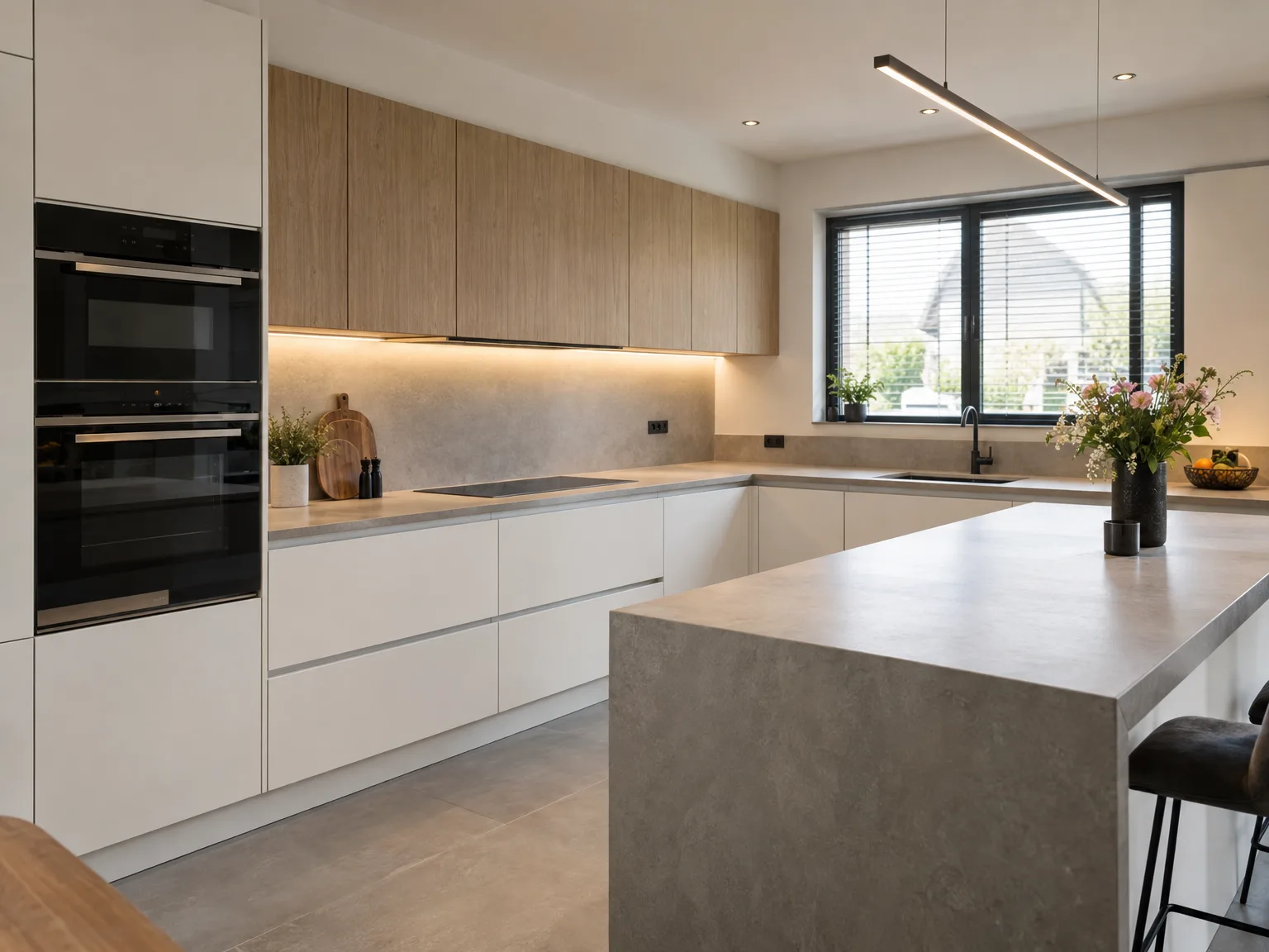 Professioneel gemonteerde moderne keuken met witte fronten, houtafwerking en betonnen eiland met LED-verlichting