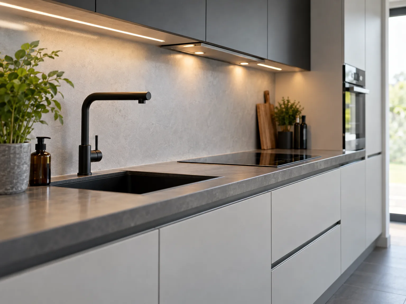 Moderne keuken met witte onderkastjes, grijze werkblad, ingebouwde apparatuur en LED-verlichting