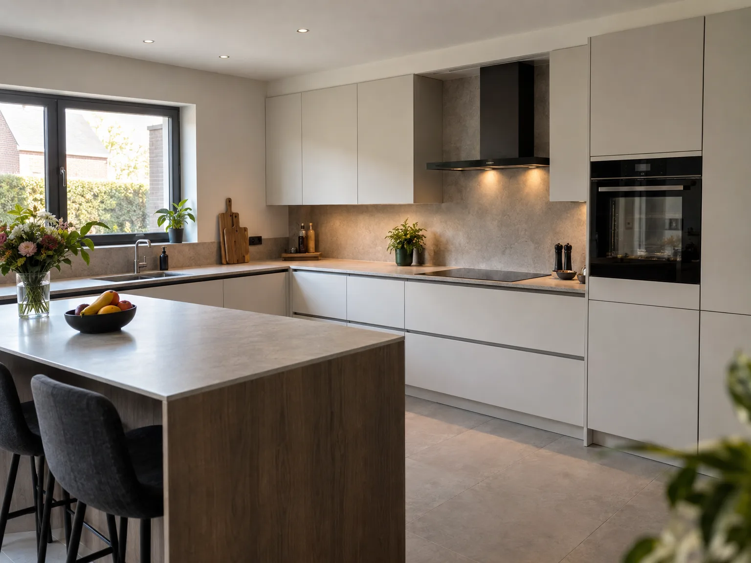 Moderne witte greeploze keuken met eiland, professioneel gemonteerd en afgewerkt
