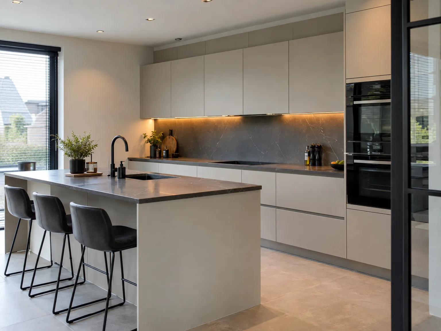 Geplaatste moderne witte keuken met eiland, donkergrijze backsplash en werkblad