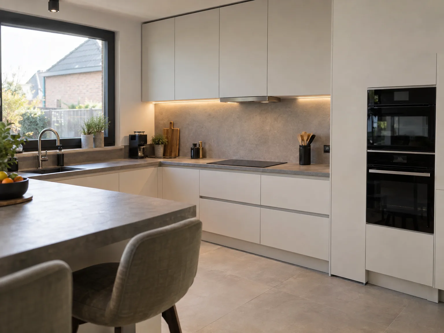 Moderne witte keuken met grijzen werkblad, ingebouwde apparaten en keukeneiland
