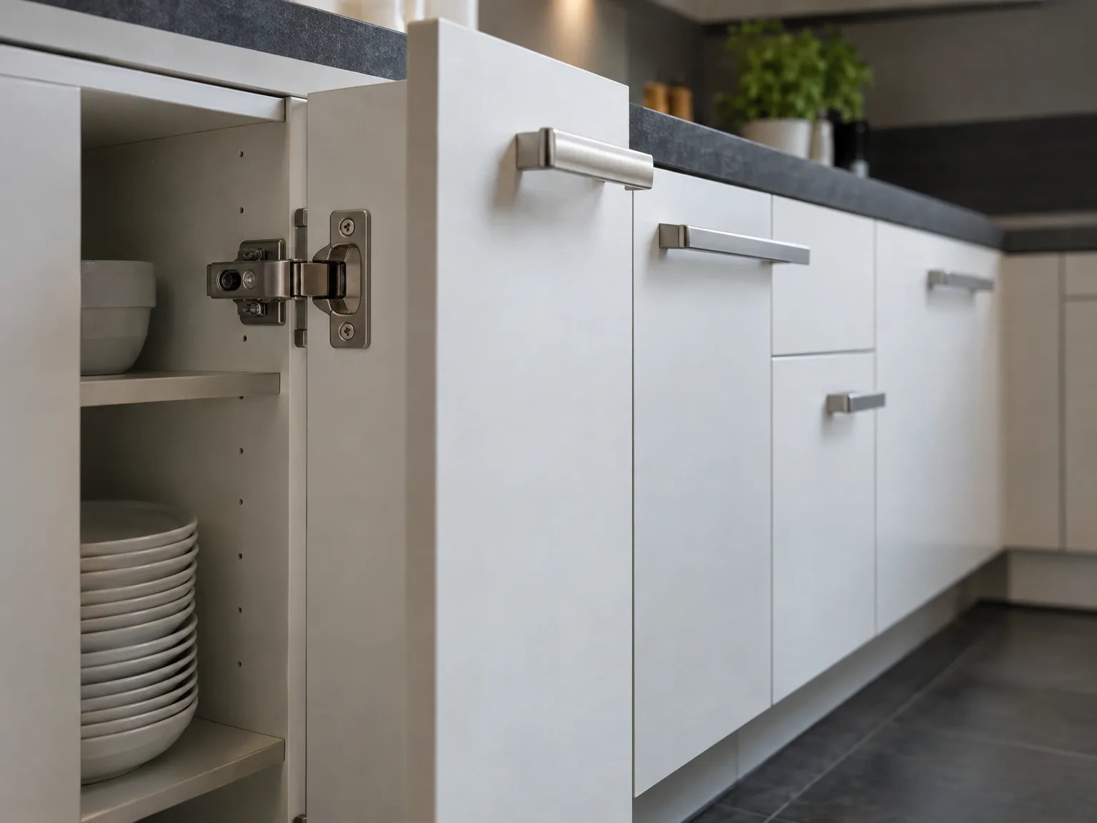 Witte keukenkasten geplaatst met zilveren grepen en donker werkblad