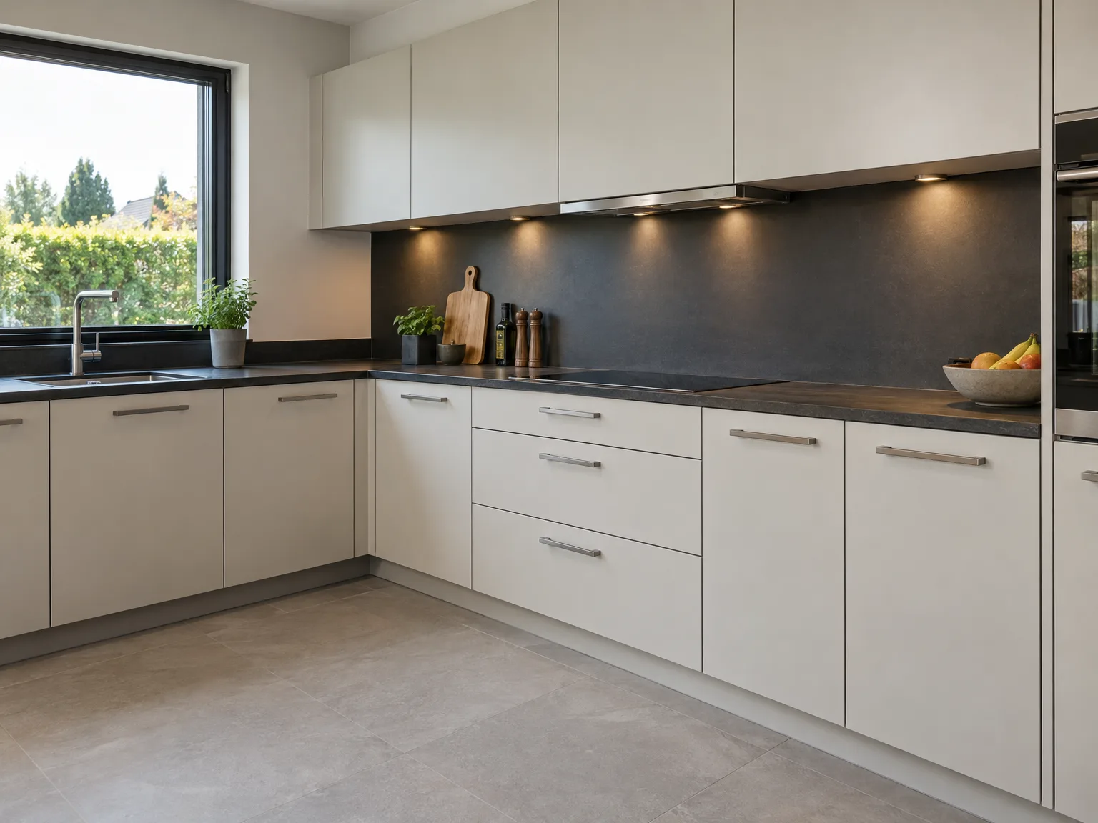 Keukenmontage: moderne witte inbouwkeuken met zwart werkblad en LED verlichting
