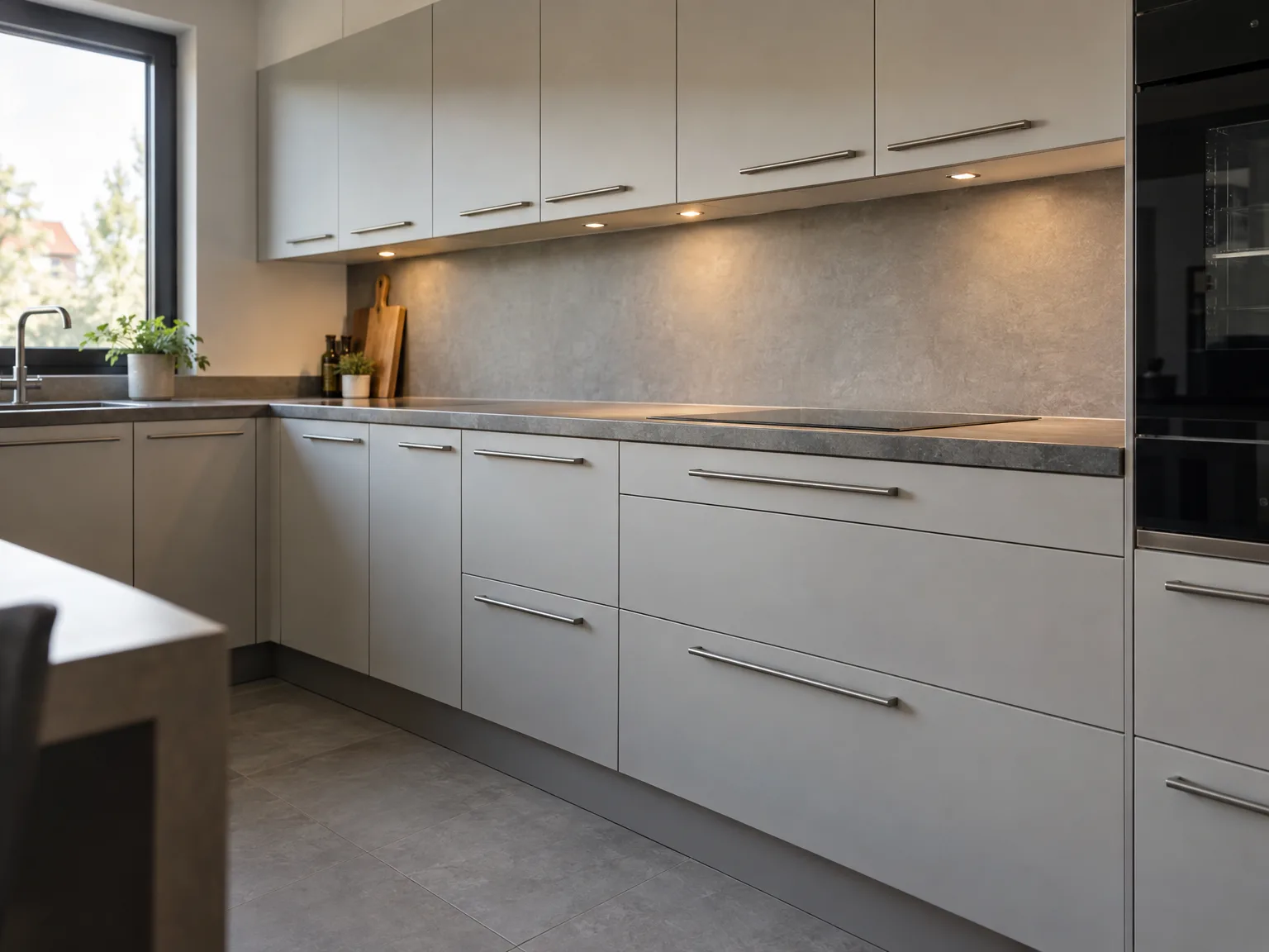 Keukenmontage met moderne witte fronten, granieten werkblad en ingebouwde LED-verlichting