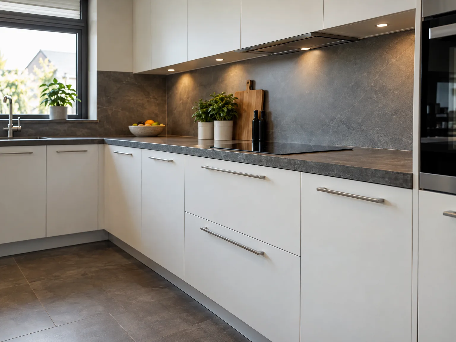 Afgewerkte moderne keukenmontage met witte fronten en donker leisteen werkblad