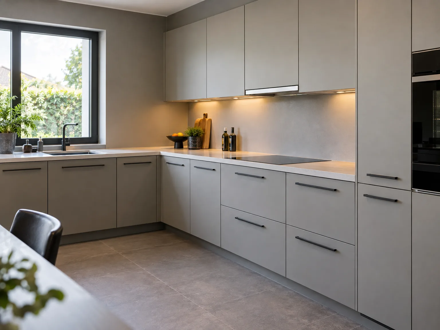 Geplaatste moderne keuken met grijze fronten en zwart werkblad
