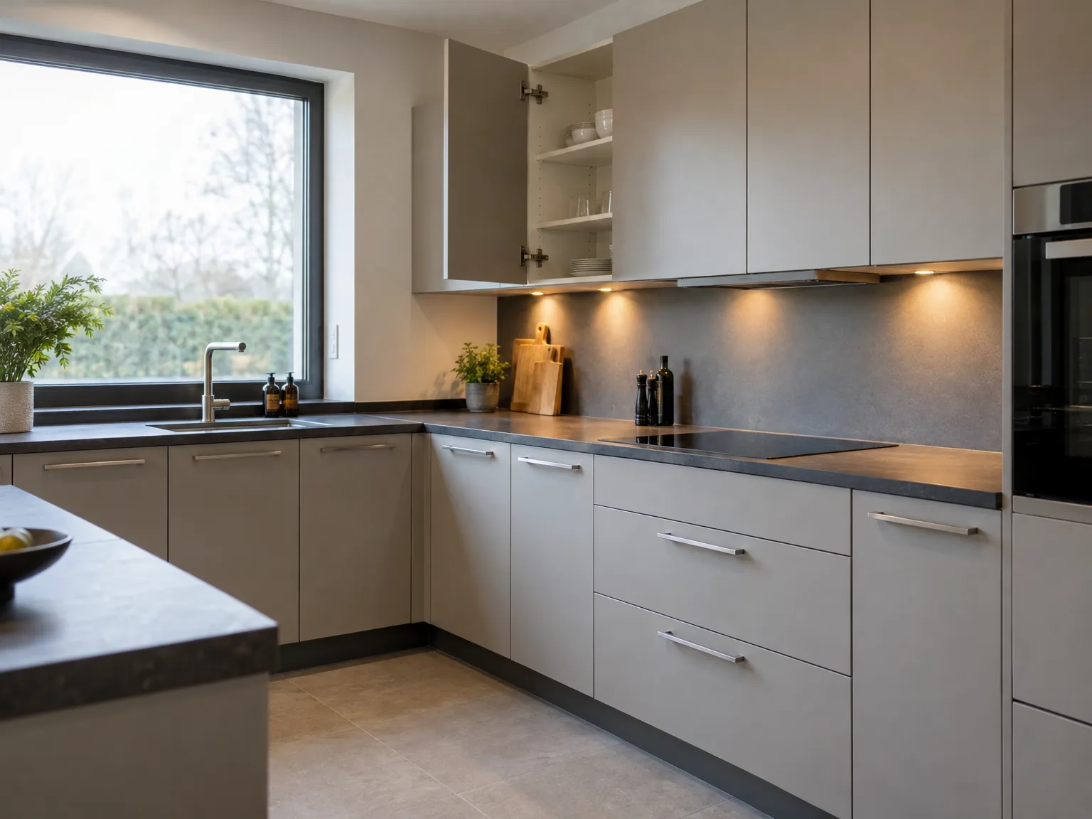 Moderne greeploze keukenmontage: witte en beige fronten, donker werkblad, verlichte onderkast