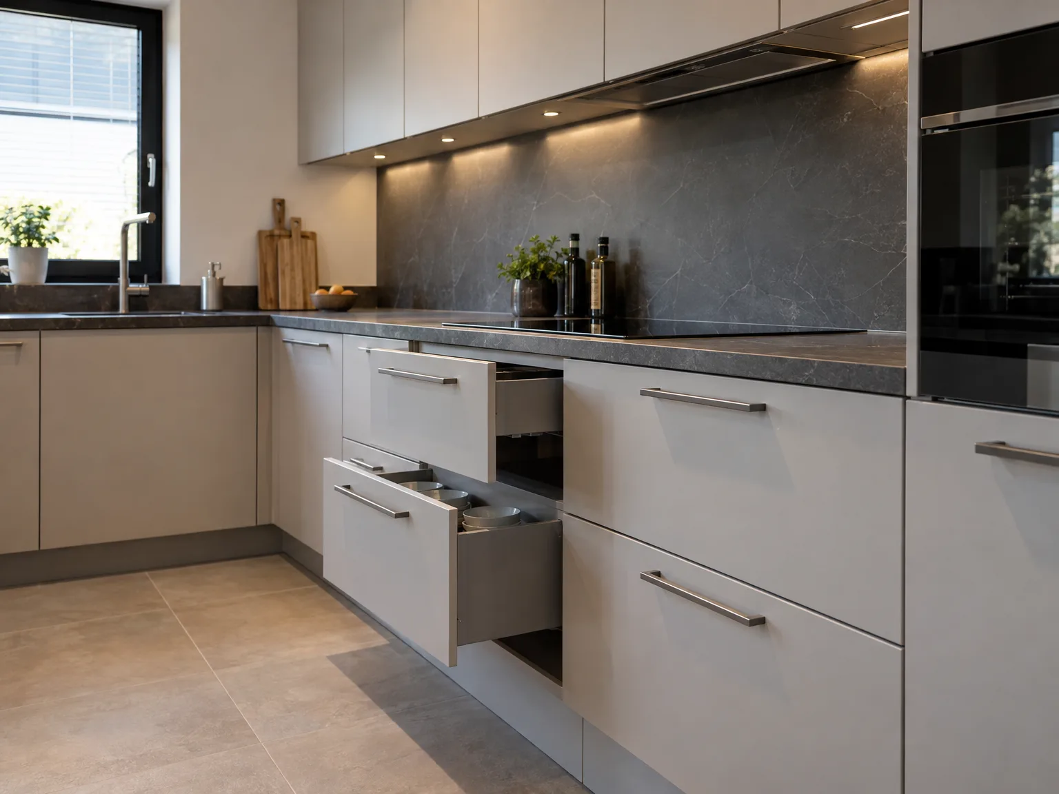 Keukenmontage moderne witte keuken met grijs backsplash en werkblad