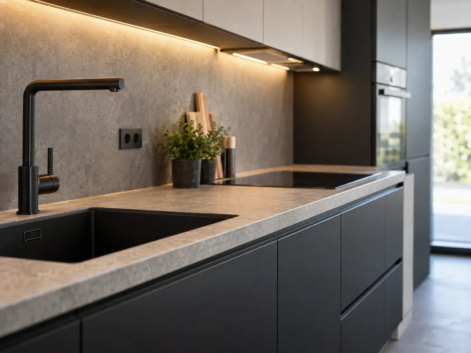 Geplaatste zwarte keuken met beige werkblad, gootsteen en LED-verlichting