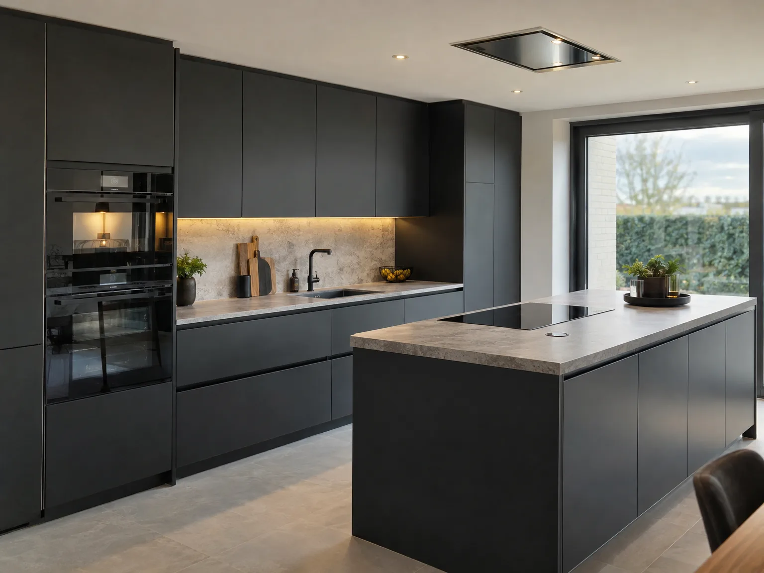 Moderne donkergrijze keuken met centraal werkeiland en marmeren blad, professioneel gemonteerd