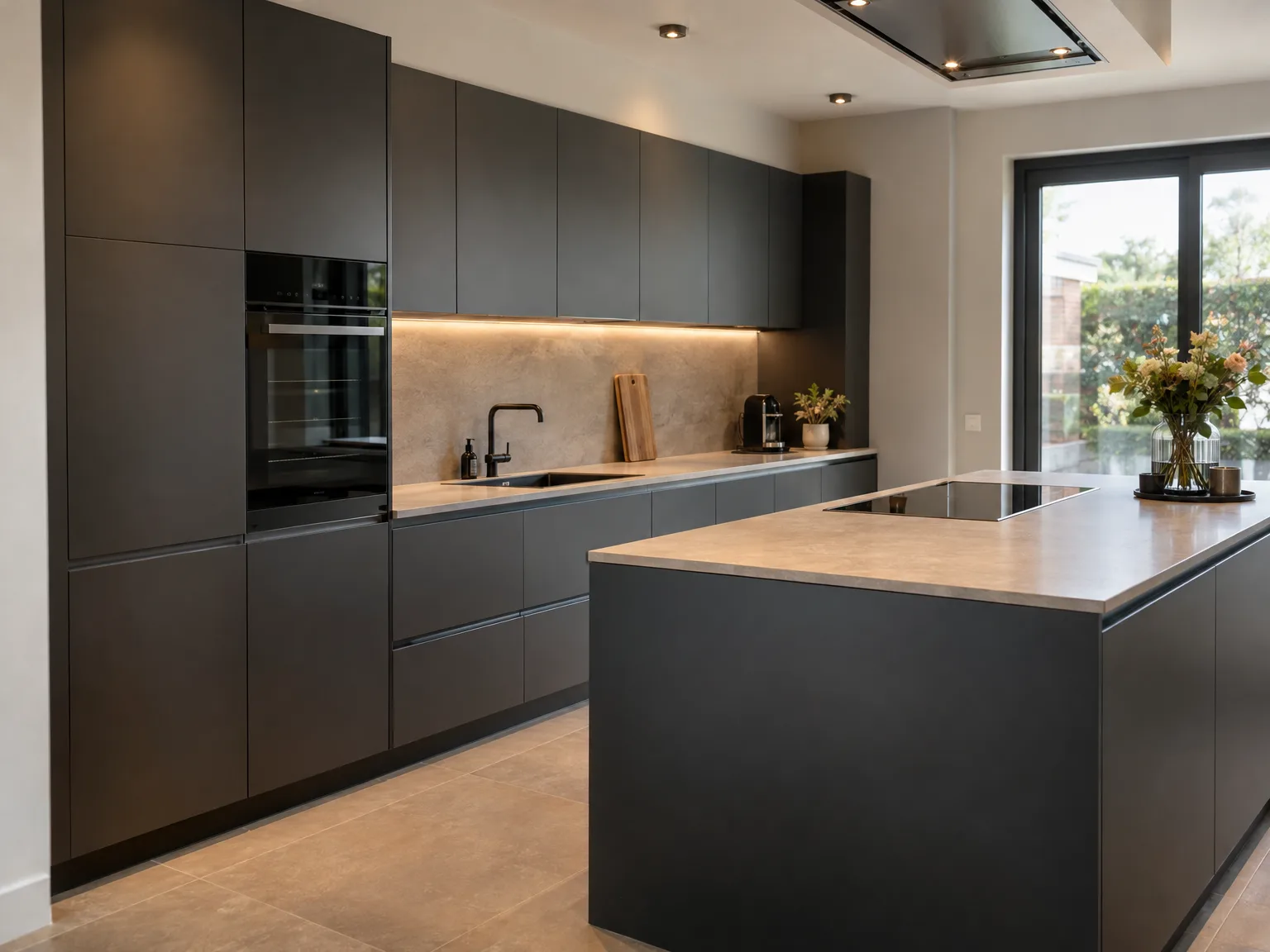 Moderne zwarte keuken met eiland, houten werkblad, inbouwapparatuur en ledverlichting onder kastjes