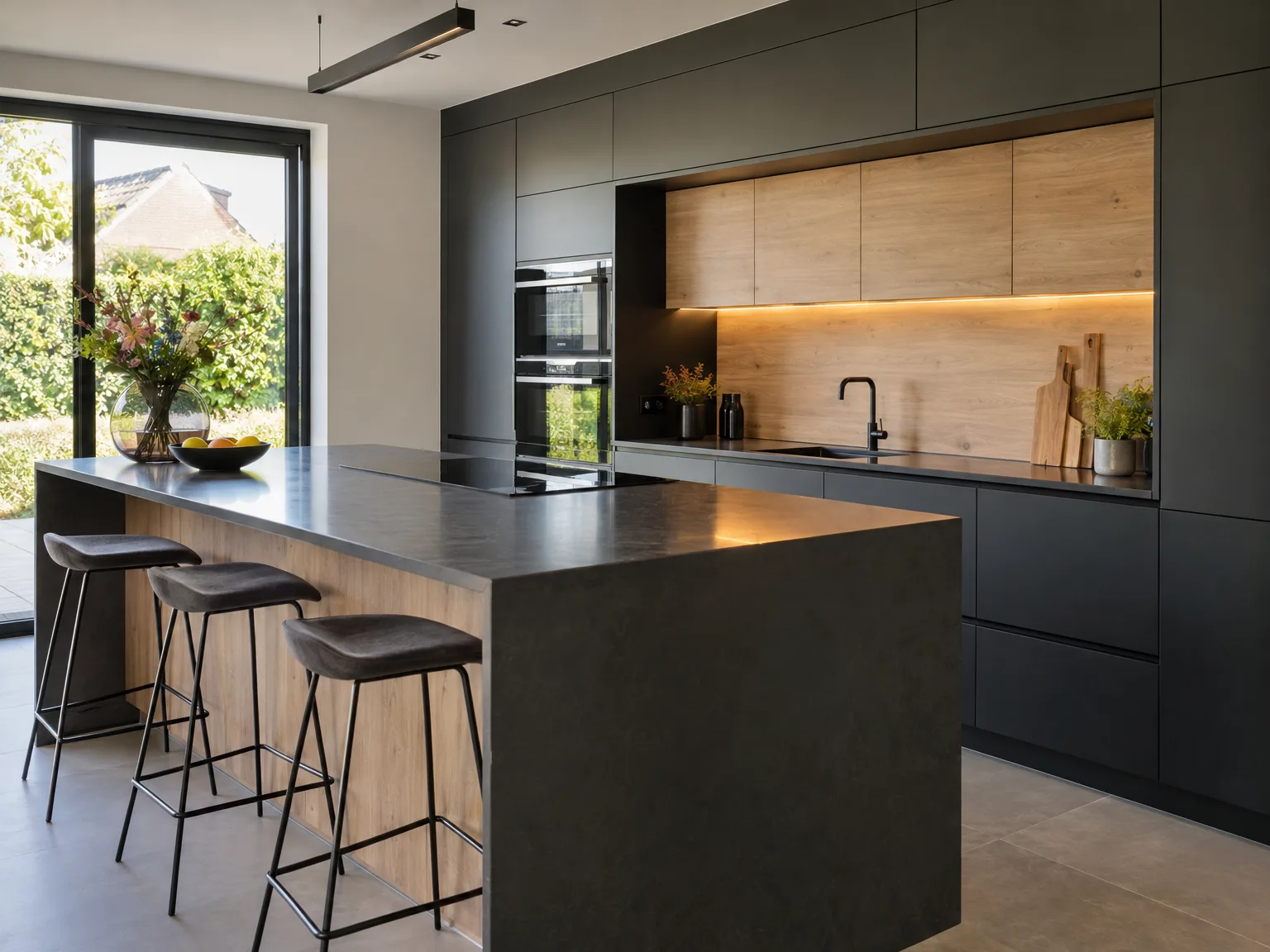 Moderne keuken met zwart-houten eiland, geïnstalleerde inbouwapparatuur en LED-verlichting, Keukenmontage