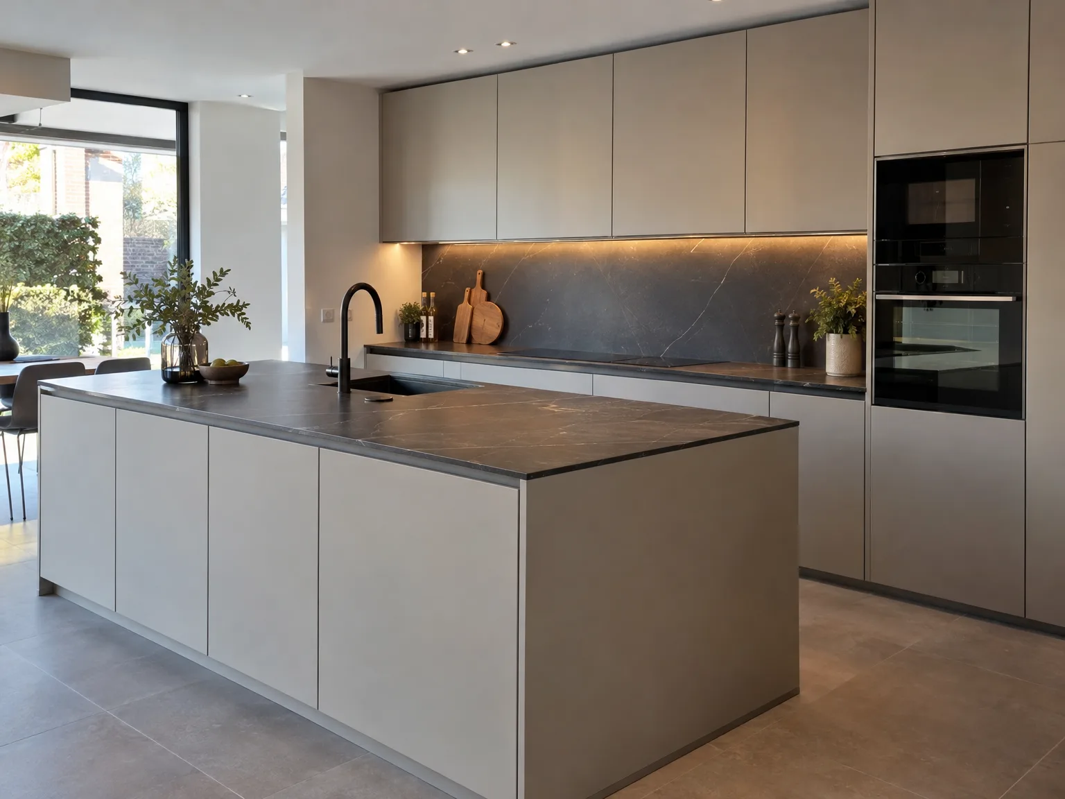 Keukenmontage: moderne keuken met witte fronten, zwart marmer backsplash en keukeneiland