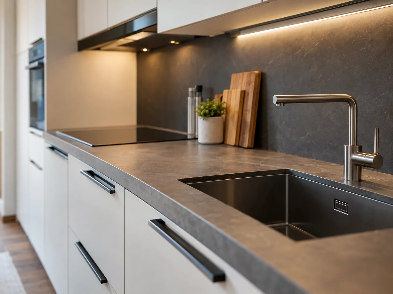 Moderne keuken met grijze werkblad, witte fronten en zwarte achterwand